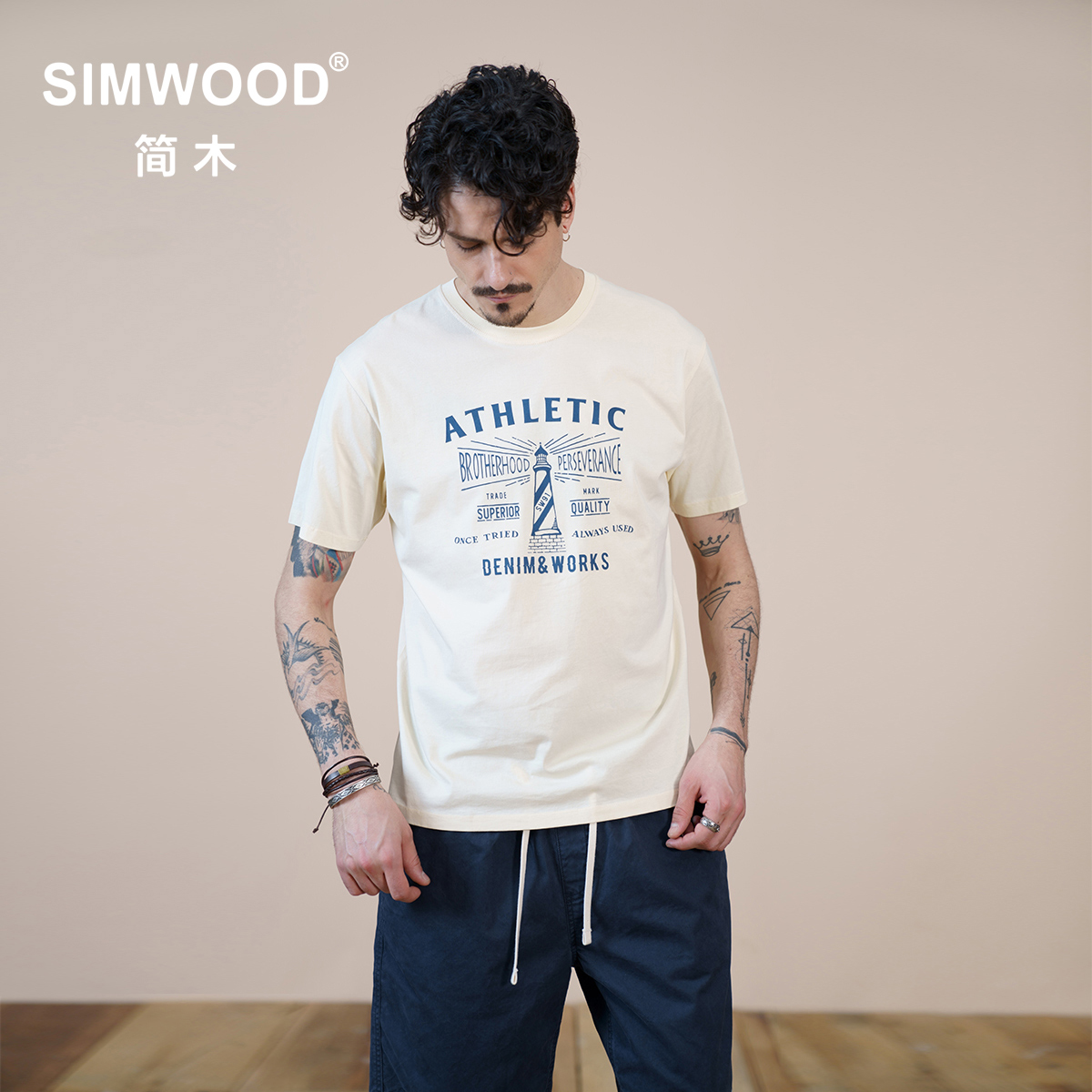 Simwood minimalist men's clothing (in-style version) 2021 Summer new chest front lighthouse printed short sleeve T-shirt man