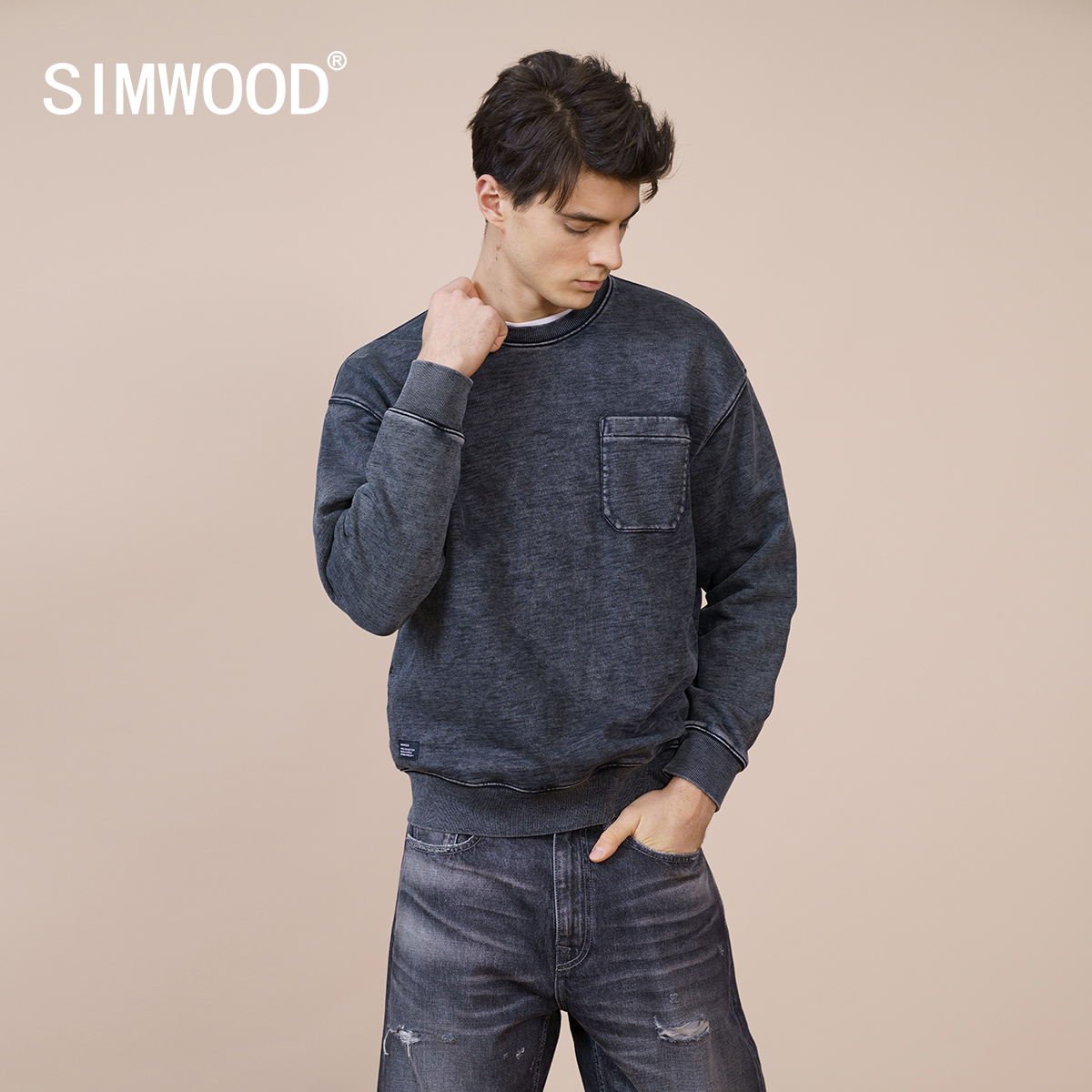Simwood Jianmu men's clothing 2021 new round neck ready-to-wear dyed slub heavy weight all-match casual men's sweater