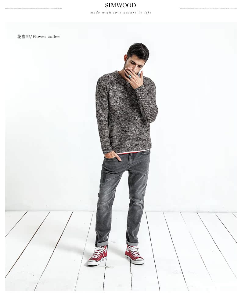 Simwood Jane Nam Mùa Xuân Mới Châu Âu và Mỹ Hỗn Hợp Cashmere Vòng Cổ Áo Len Nam Slim Áo Thun thời trang nam