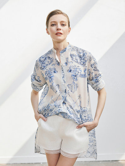 QIQIFUR neues blaues und weißes Porzellanhemd im chinesischen Stil, Frühherbst, neues bedrucktes Hemd im nationalen Stil, leichtes Hemd für Frauen