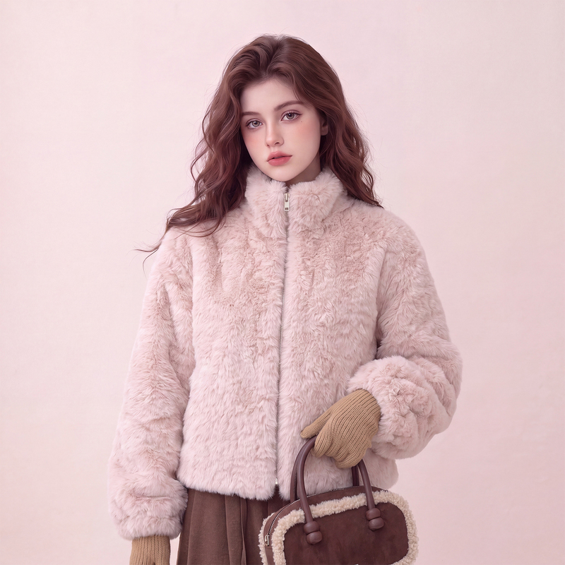 Pink Korean-Style Sweet Lamb Wool Coat 2026 Winter New Model with Stand Collar, Zipper, Warm and Soft Fur Integrated