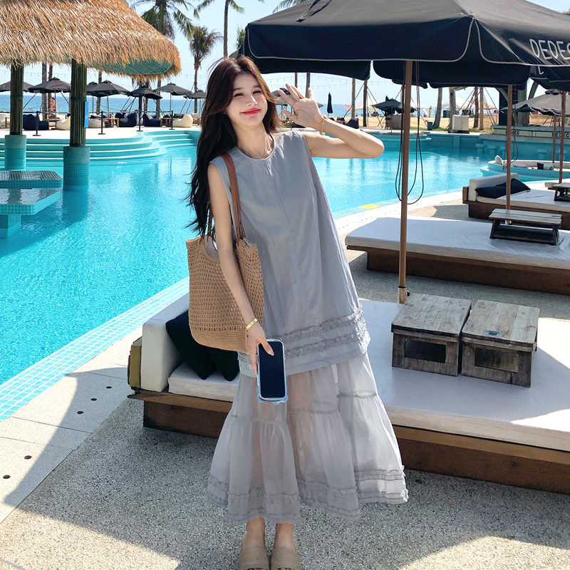Mist Blue Summer Sweet Style Mesh Splicing Dress for Women 2026 New French Romantic Vacation Style Tank Dress