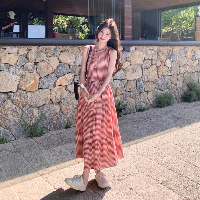 Red French-Style Elegant Plaid Sleeveless Dress 2026 Summer New Sweet and Relaxed Tie-Up Long Dress