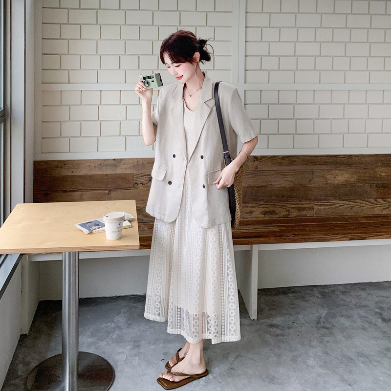 Beige Elegant and High-End Lace Tank Top Dress Set Summer Short-Sleeved Suit Jacket Two-Piece Set 2026 New Style