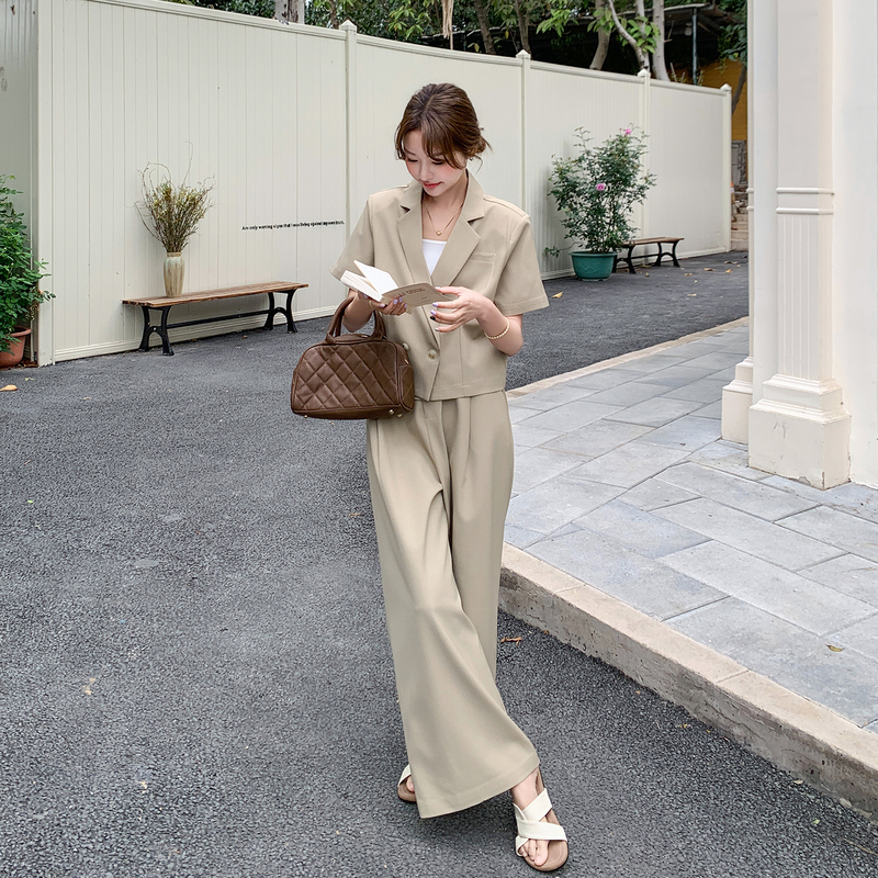 This Year's Trendy and Stylish Women's Suit 2026 Early Summer New High-End Short-Sleeved Blazer and Wide-Leg Pants Two-Piece Set