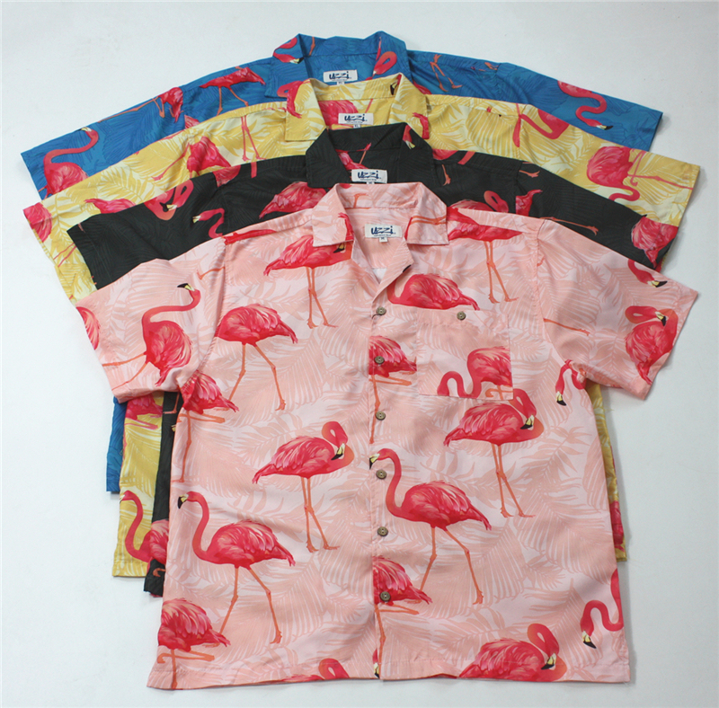 Foreign Trade Summer Unisex Couple Style Flamingo Pattern Trendy Shirt Cuban Collar Loose ins Beach Shirt