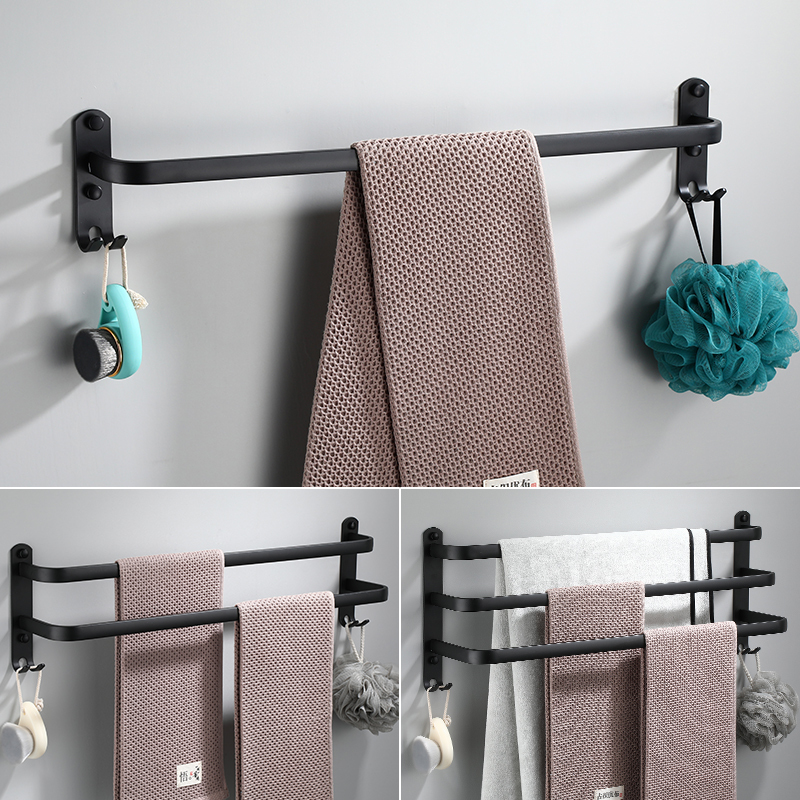 Black Space Aluminum Towel Rack, Single Rod Bathroom Hanging Rod, Bathroom Height-Adjustable Rod, No Drilling Required