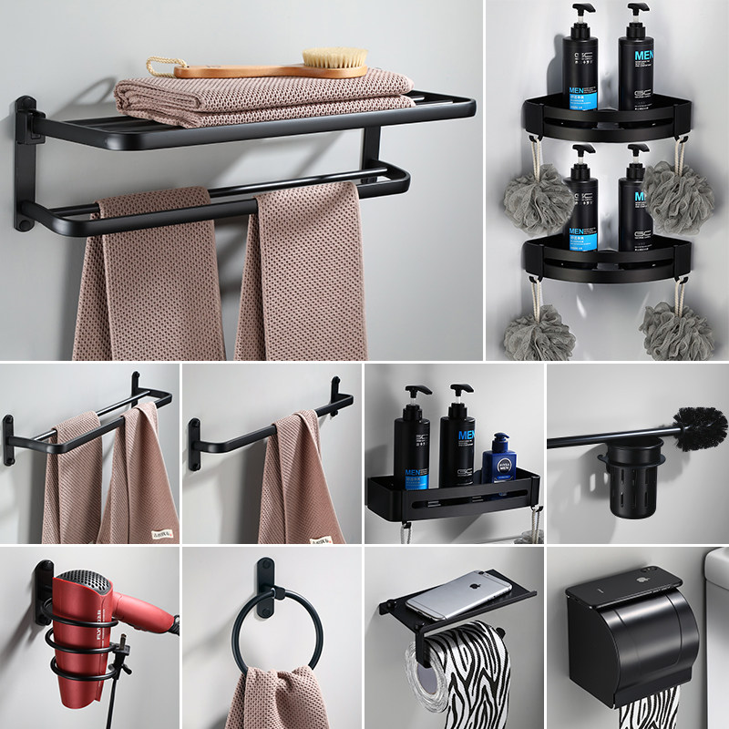 Black Space Aluminum Wool Towel Rack Bathroom Bath Towel Rack Makeup Room Shelve Hardware Pendant Suit Free