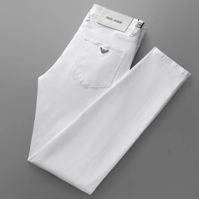 High-End Pure White Men's Jeans, Trendy Spring/Summer Style, Slim Fit, Comfortable, Versatile, Mid-Waist, Casual Long Pants for Men