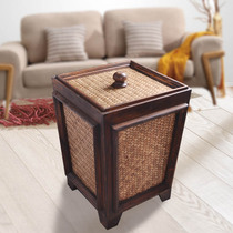 Thai solid wood trash can with lid Retro paper basket Large living room kitchen tea room household creative solid wood trash can