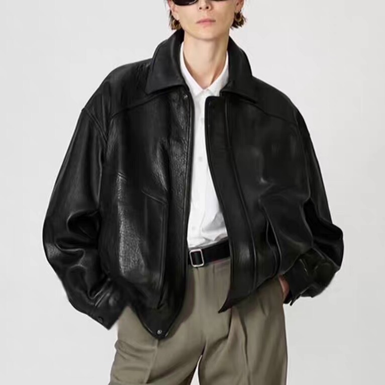 [the Aftermath of the Bow] British Imported Grade a Sheepskin Washed Bubble Leather Flight Biker Jacket