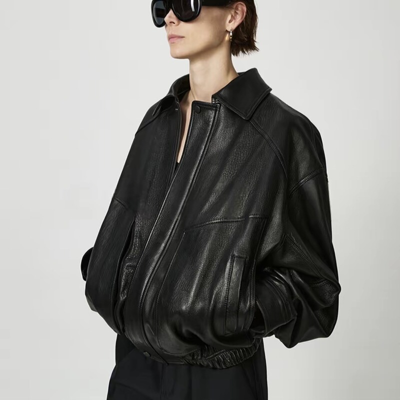 [the Aftermath of the Bow] British Imported Grade a Sheepskin Washed Bubble Leather Flight Biker Jacket