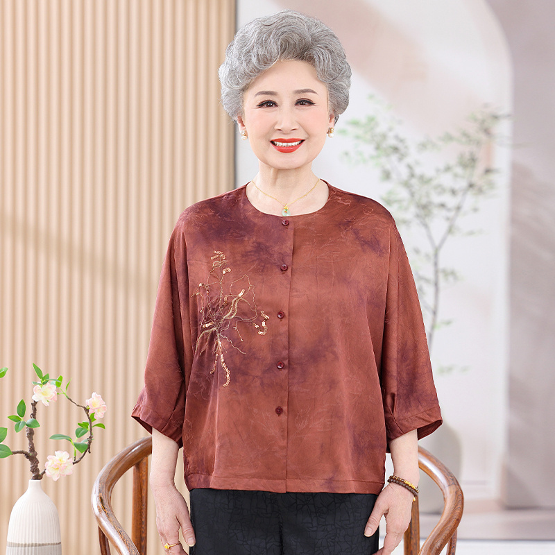 Summer Short Shirts for Wealthy Ladies, Middle-Aged and Elderly Women's Clothing, Embroidered Silk Tops for Mothers, Batwing Sleeve Shirts for Grandmothers Summer Short Shirts for Wealthy Ladies, Middle-Aged and Elderly Women's Clothing, Embroidered Silk Tops for Mothers, Batwing Sleeve Shirts for Grandmothers