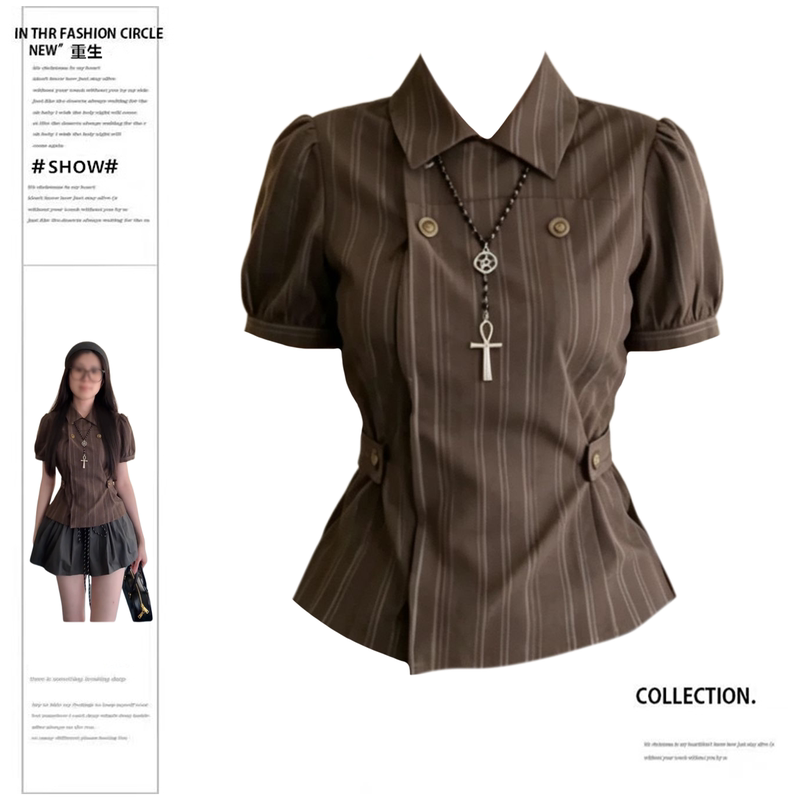 Rebirth Vintage Striped Puff Sleeve Shirt for Plus Size Women, Summer Waist-Cinching Double-Breasted Turn-Down Collar College Style Short Sleeve Top