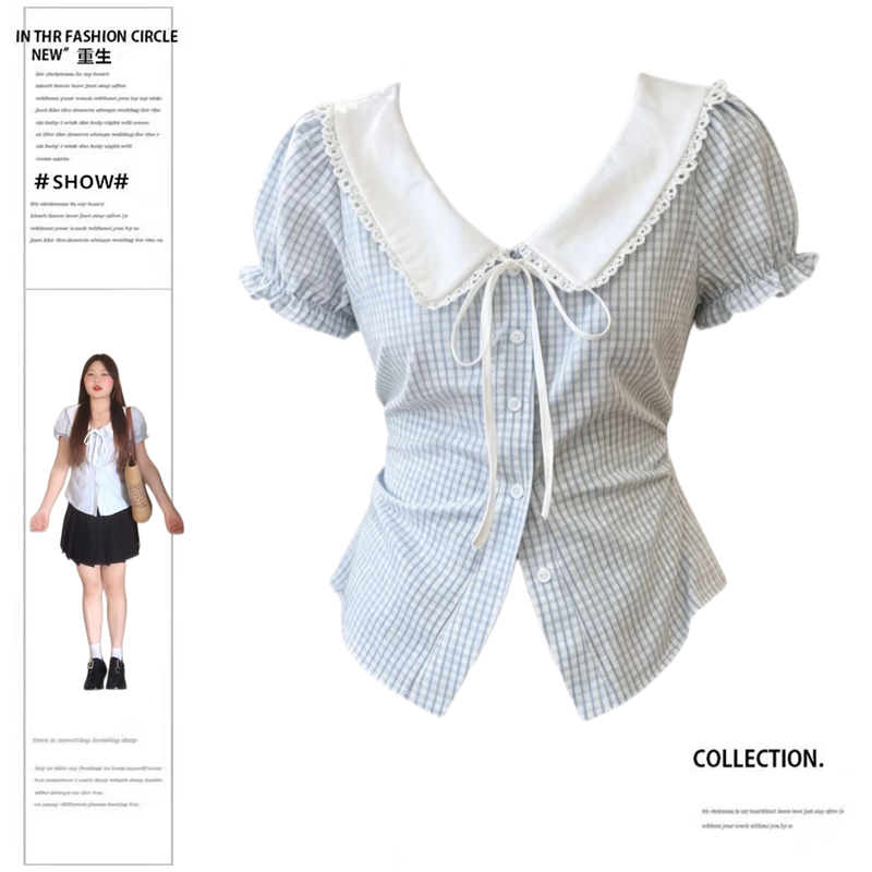 Rebirth Style Plus-Size French Design Plaid Puff Sleeve Shirt for Women with Doll Collar, Tie Waist, and Stunning Appearance