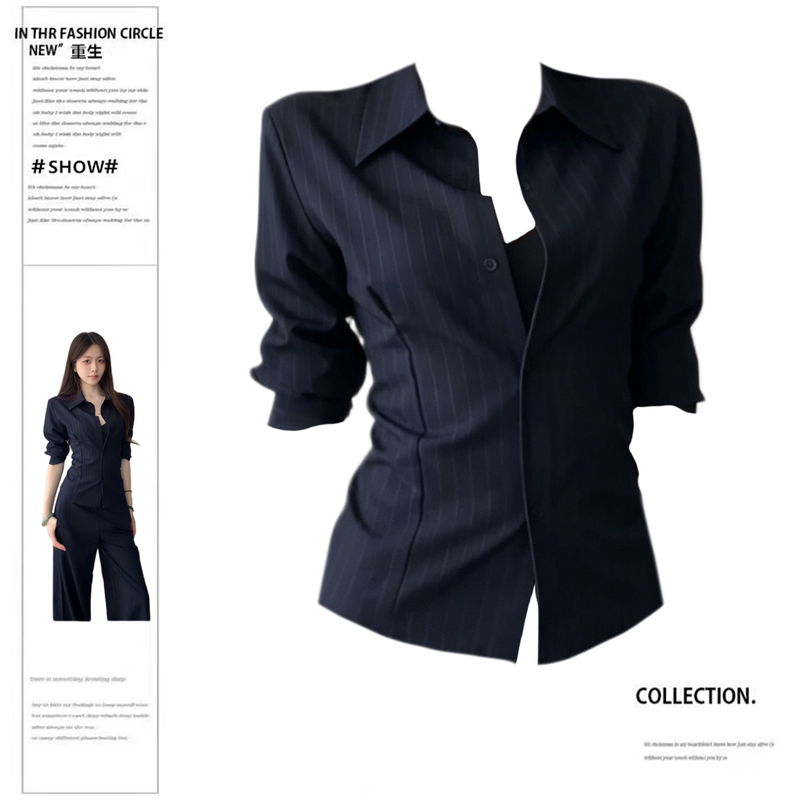 Rebirth Style Plus-Size Women's Striped Shirt for Commuting, Summer High-End Long-Sleeve Collared Professional Wear, High-End Top