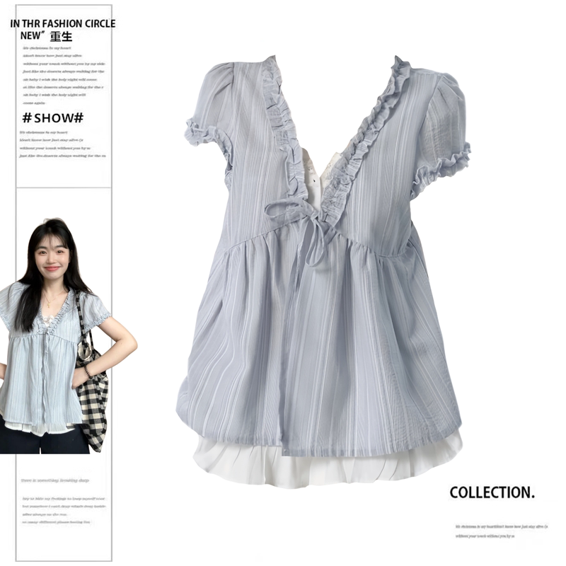 Rebirth Style Slightly Chubby Girl Korean Fresh Style Tie-Up Blue Striped Ruffled Fake Two-Piece Short-Sleeve Shirt Women's Top Summer
