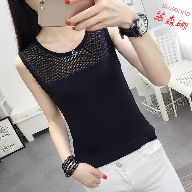 Ice Filament Vest Female New Hundredless Sleeveless T-shirt with sleeveless vest hollout loose knitting shirt Short Clothes Thin