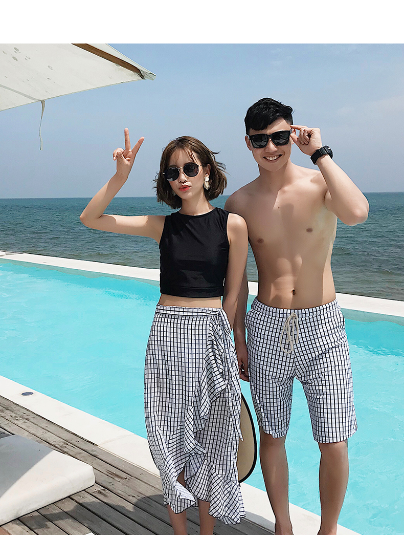 Áo tắm kẻ sọc nhỏ màu đen tươi nam và nữ mẫu nóng xuân ba mảnh giảm béo váy đi biển quần áo tắm nóng - Vài đồ bơi 	đồ đi biển đôi	