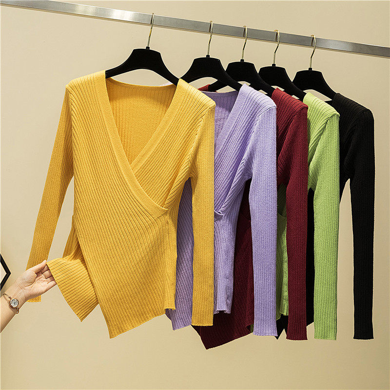 2022 new irregular collar clothes long sleeves Body Knitted Sweater Jersey Undershirt Woman Autumn Winter Foreign Pie