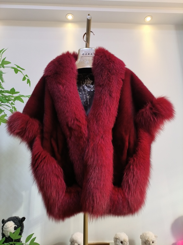 Imported Velvet-Grade Whole Mink Fur Coat in Natural Cherry Red Color, Shawl-Style Cape with Fox Fur Collar