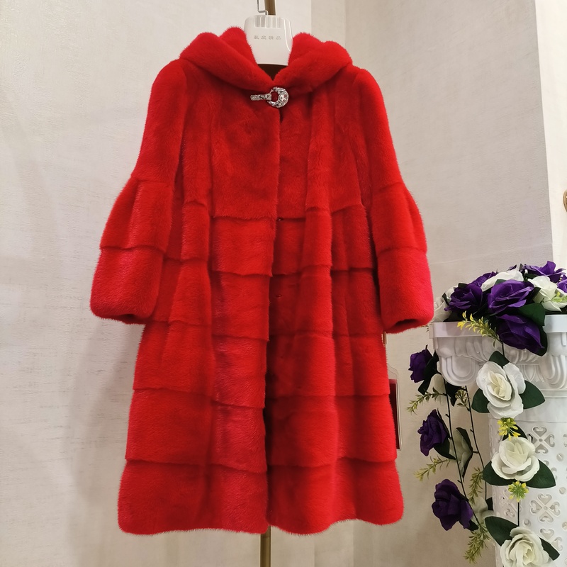 Imported Velvet-Grade Whole Mink Fur Coat, Red Hooded Mid-Length Fur Jacket