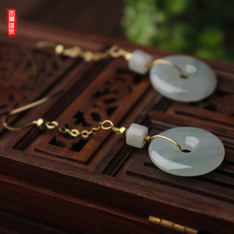 Natural jade A goods Pingan buckle jade earrings long version of Pingan auspicious drop earrings wild original earrings fashion jewelry