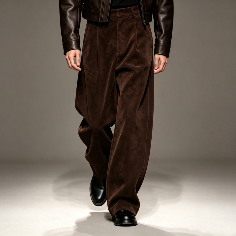 Retro Dark Brown Suede Casual Pants for Men, High-End Wide-Leg Floor-Length Pants, Autumn and Winter Loose Straight-Leg Dress Pants Retro Dark Brown Suede Casual Pants for Men, High-End Wide-Leg Floor-Length Pants, Autumn and Winter Loose Straight-Leg Dress Pants