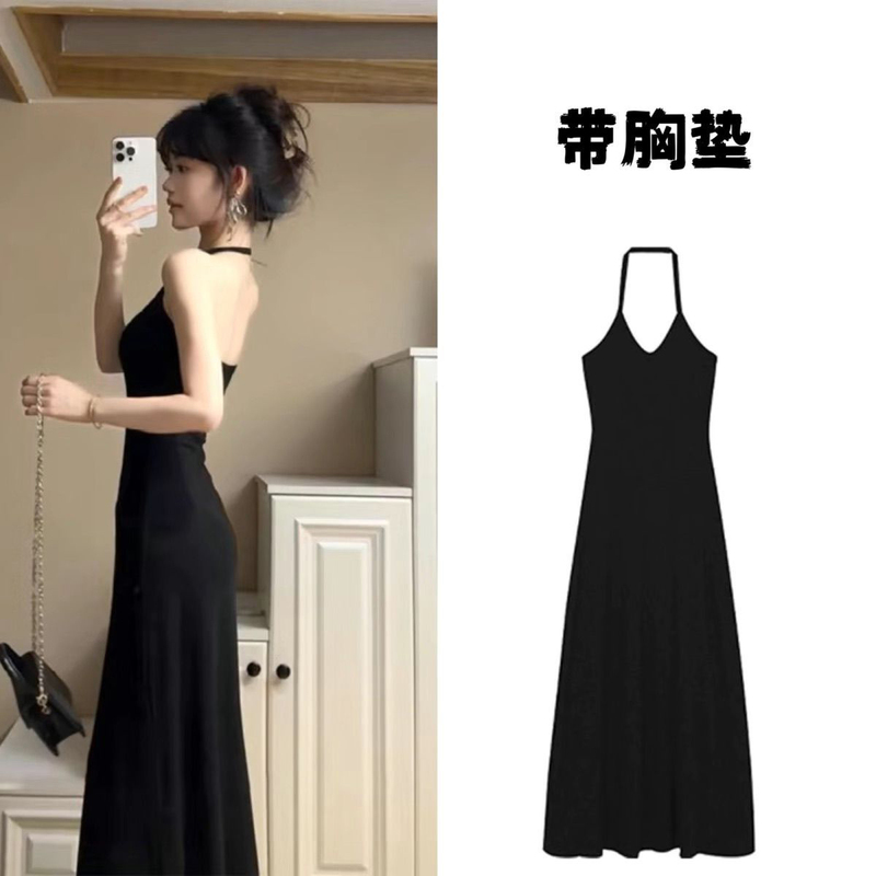 Backless Black Halter Neck Slip Dress, Pure and Sexy Style, Slim-Fitting Bodycon Long Dress for Hot Girls