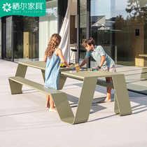 Nordic Outdoor Stainless Steel Conjoined Table And Chairs Combined Patio Garden Casual Stainless Steel Bench Hotel Teak Dining Table