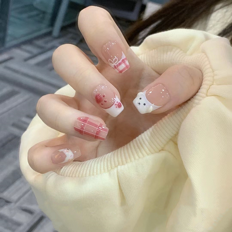 Cute Dog Squishy Toy Handmade Cartoon Puppy Hand-Painted Pink Plaid Summer Sweet Girl Nail Art Press-On Nails