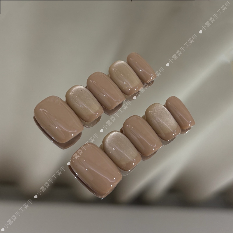 Little Rich Woman [Double Mix Minimalist] New Light Brown Cat Eye Short French Style Daily Classic Versatile Handmade Wearable Nails