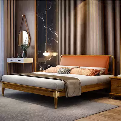 Nordic solid wood bed 1 8 m double bed 1 5 bed simple master bedroom walnut light luxury leather soft bag wedding bed
