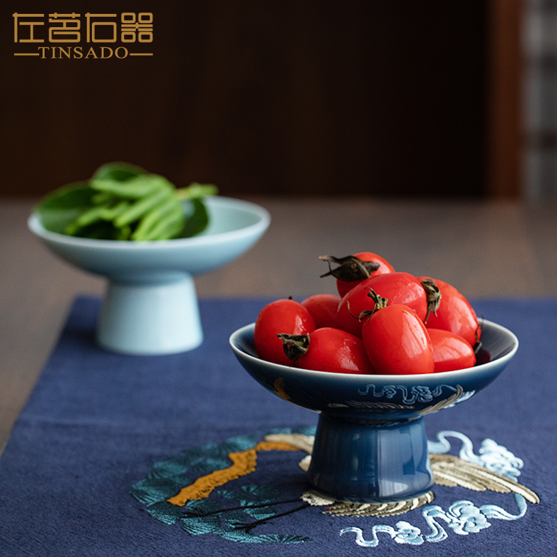 Left tea right japanese celadon fruit plate refreshment plate dessert tray living room high foot ceramic offering high foot plate trumpet