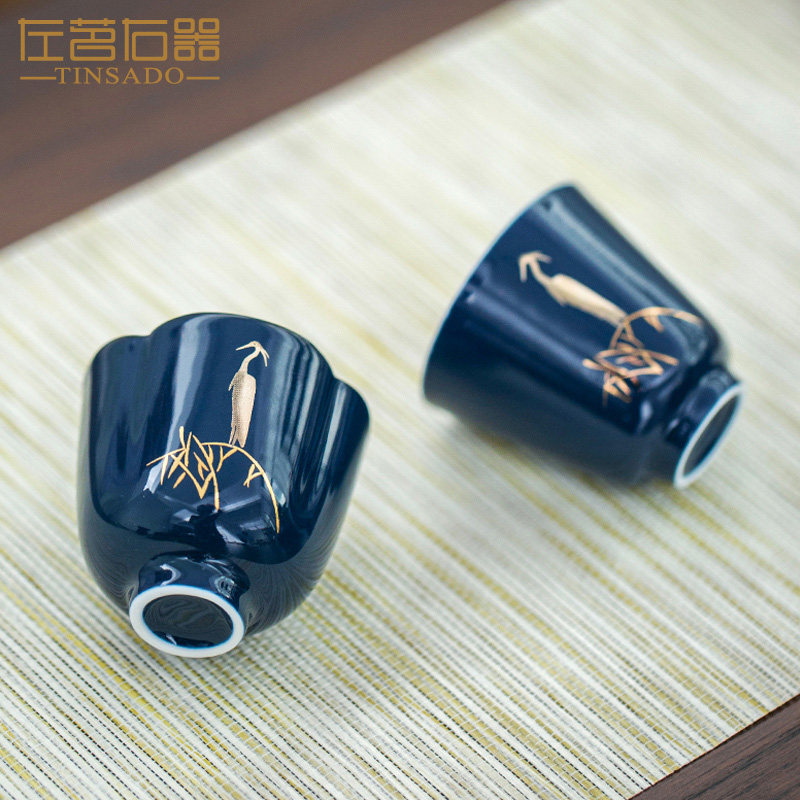 Left Tea right instrumental blue glazed tea cup men's tasting cup Kung fu tea with master's cup personal special ceramic small single cup