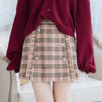 (Terrier bean LIFEGIRL) High waist plaid skirt FEMALE autumn AND winter students SHOW thin Japanese retro wool A skirt