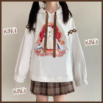 (Terrier bean)LIFE GIRL Autumn and winter Polar Bear King printed velvet with thick oversize hooded sweater
