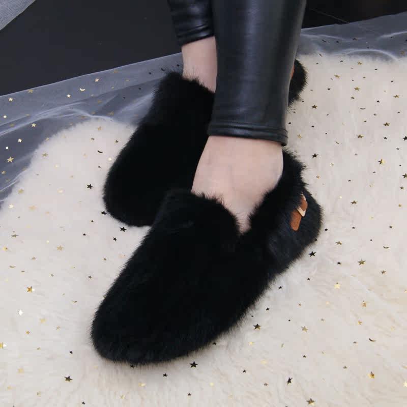 歐洲站19秋冬新款皮草水貂毛深口皮帶扣圓頭棉瓢鞋平底加絨女鞋