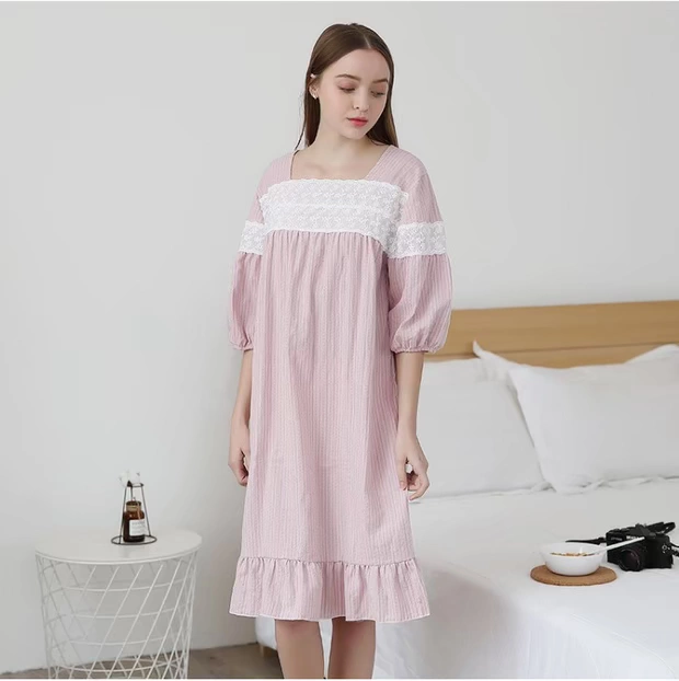 Theo truyền thuyết bộ đồ ngủ mùa hè nữ vải cotton tinh khiết phong cách hàn quốc tươi trẻ trung dài lỏng đơn giản nữ sinh có thể mặc bên ngoài - Đêm đầm