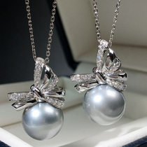 Tahitian Premium gray pearl 11-12M Bow inlaid diamond necklace 18K gold clavicle chain