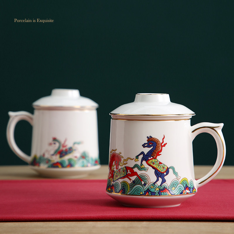 600ml large capacity ceramic cup with lid with tea leakage bone porcelain water glass home tea cup tea water separation office horse