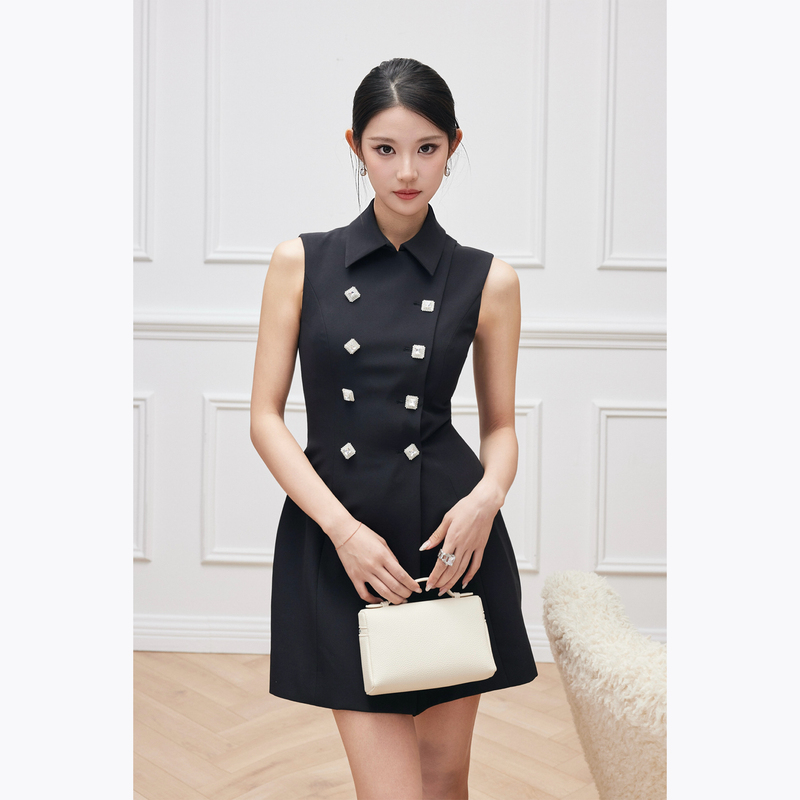 [in Stock] Jalobon High-End Double-Row Crystal Rhinestone Button Wool Blend Shirt Dress, Slimming and Waist-Defining