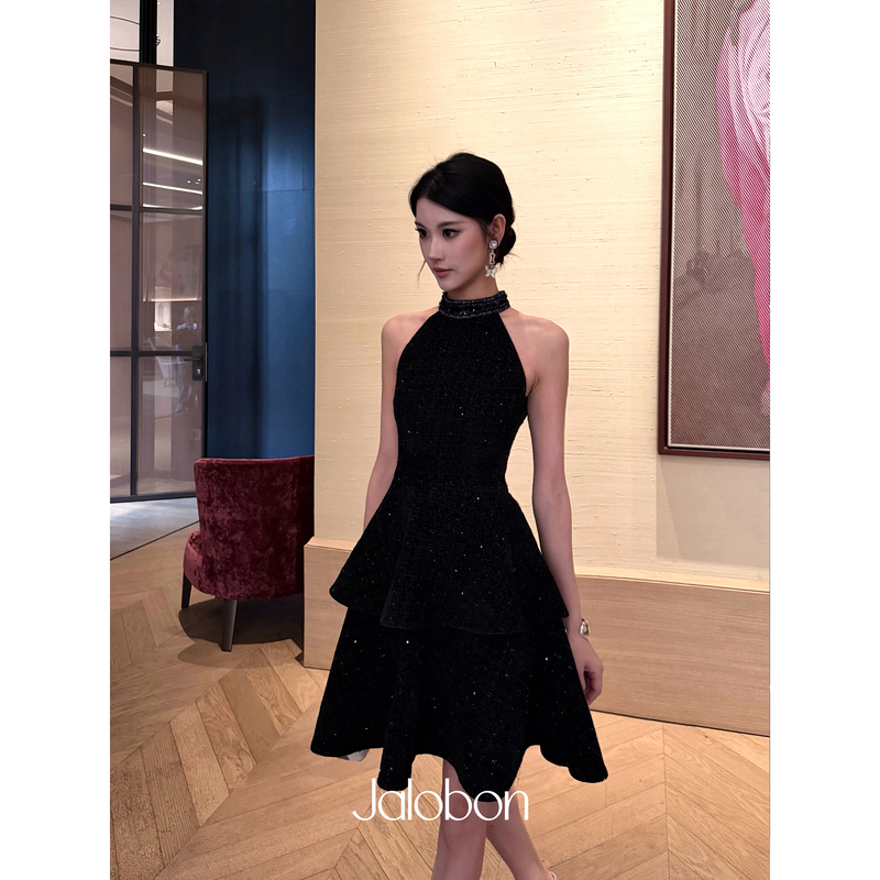 Jalobon Textured Shiny Tweed |   Double-Layered Lotus Leaf Sequin Ribbon Small Fragrant Halter Neck Dress