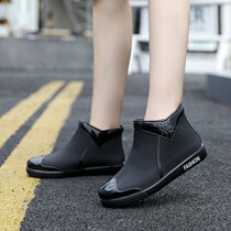 Japanese Rain Shoes Woman Short Silo Plus Suede Rain Boots Fashion Lady Non-slip Midcylinder Kitchen Work Warm Waterproof Shoes