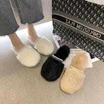 Japanese GP fur slippers womens new Pearl buns rabbit hair cotton tow indoor semi-drag lazy people wear warm