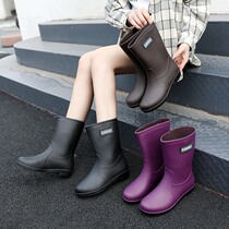 Japanese Rain Shoes Woman Short Drum Water Shoes Rain Boots Middle Cylinder High Cylinder Anti-Rain Shoes Waterproof Anti-Slip Wear and low helping cover shoes