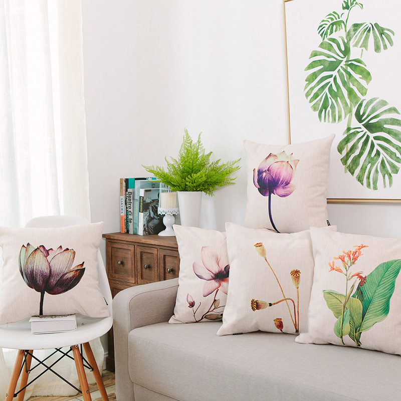 Idyllic lotus pattern cotton and linen pillowcase car pillow bedside cushion waist cushion multi-functional Chinese pillow