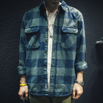 Spring Autumn Plaid Shirt Jacket Male Loose Pure Cotton Retro Trend Handsome air lining 100 hitch long sleeve blouse damp spring