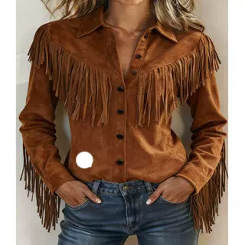 Fashionable and Eye-Catching Personalized Lapel Tassel Suede Jacket Lapel Coat for Women Autumn and Winter Cross-Border European and American Style Jacket Fashionable and Eye-Catching Personalized Lapel Tassel Suede Jacket Lapel Coat for Women Autumn and Winter Cross-Border European and American Style Jacket