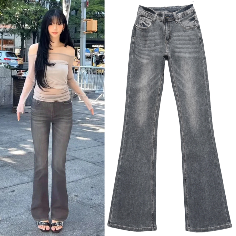 Yoo Ji-Min Korean Celebrity Style Low-Waist Flared Jeans for Women, Slim Fit, Flattering, Bootcut, Stretchy Pants
